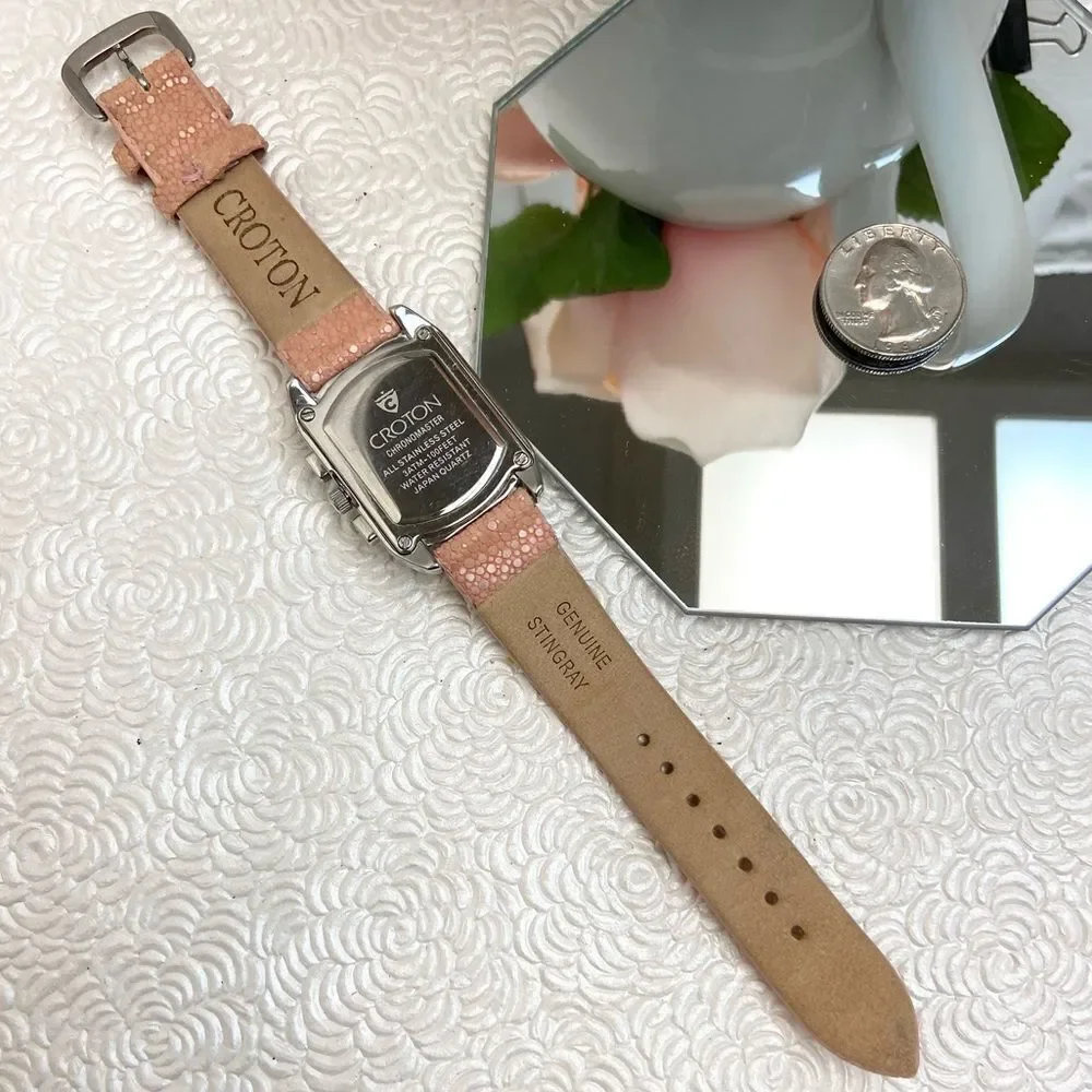 Croton All Stainless Steel Swiss Quartz Chronograph Pink Dial Sharkskin Strap